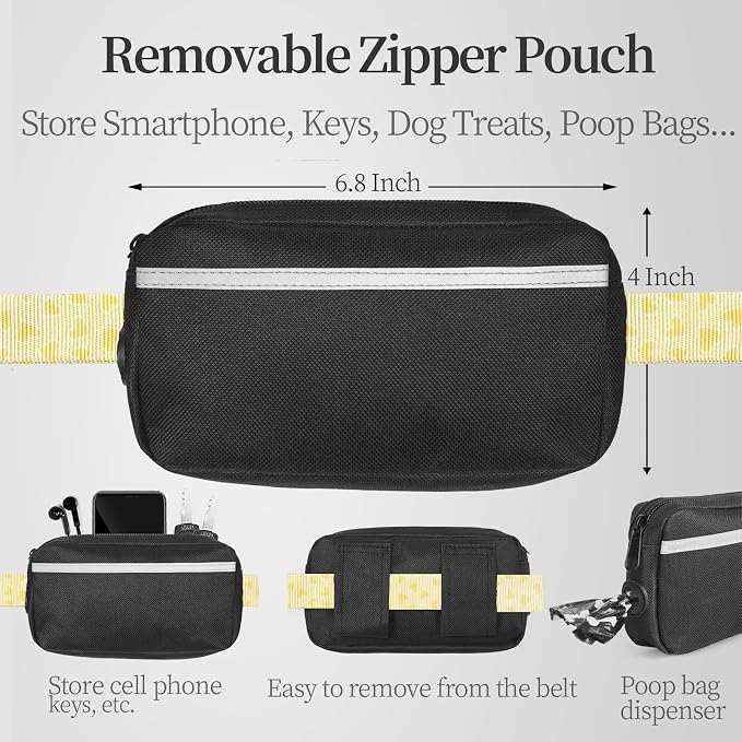 iYoShop Hands Free Dog Leash with Zipper Pouch, Yellow Heart, Large | Waist Leash, Dual Padded Handles, Shock-Absorbing Bungee, Adjustable Waist Belt, Walking and Running