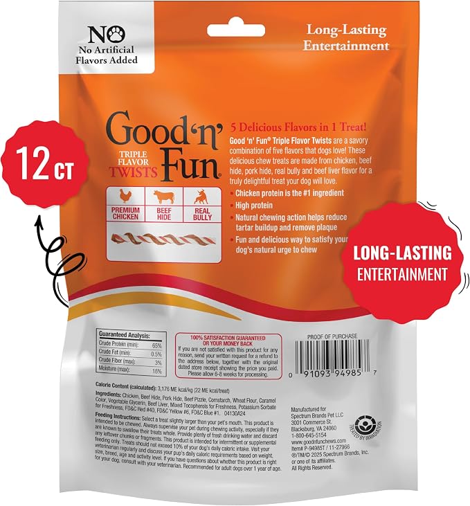 GOOD 'N' FUN Triple Flavor Twists with Bully Chews, High-Protein Dog Treat for All Adult Dogs, Made with Real Chicken, Beef Hide, Pork Hide, Bully & Beef Liver Flavor, 12 Count