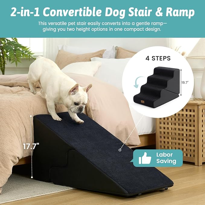 COZY KISS Dog Stairs for Small Dogs, 4-Step 2-in-1 Dog Steps,19.7" H | 4-step dog stairs and ramps for Old Cats, Puppy, Small Dogs,Non-Slip Base,for Couch & Bed, Black