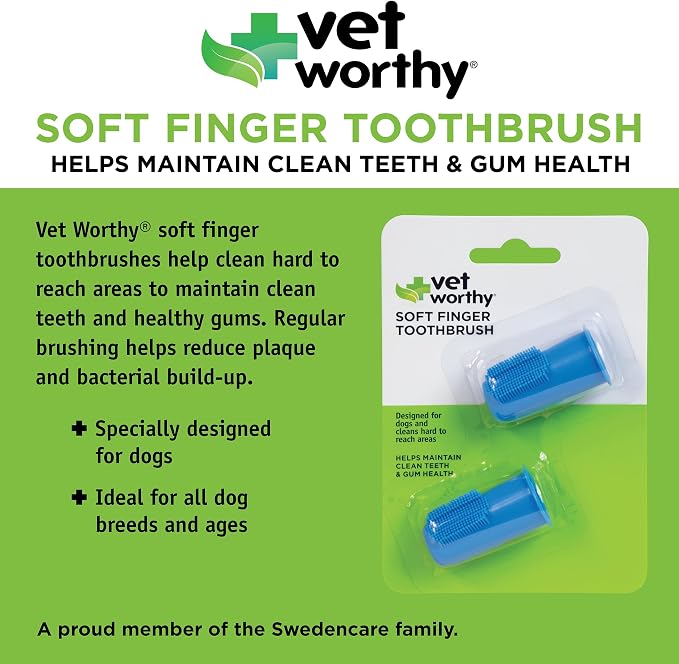 Vet Worthy Dog Finger Toothbrush - Soft Rubber Pet Finger Toothbrush for Gentle Plaque & Tartar Removal - Gum and Teeth Cleaner for Dogs with Better Control for Hard-to-Reach Areas - Pack of 2