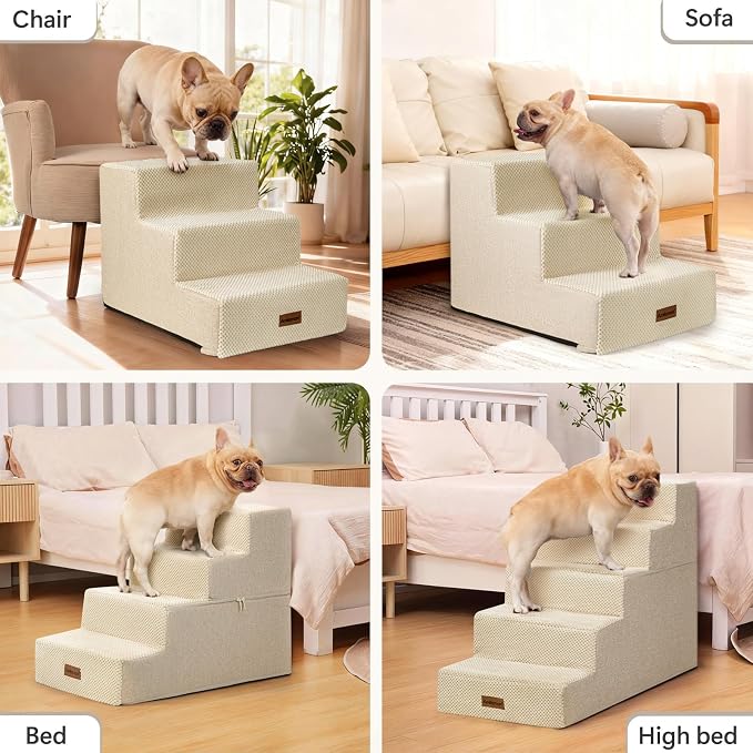 Aodisman Dog Steps for Bed and Couch, 4-Step Pet Stairs for Small Dogs, Indoor Non-Slip Dog Stairs for Old Cats, Puppy, Small Medium Dogs,18.5" H,Beige