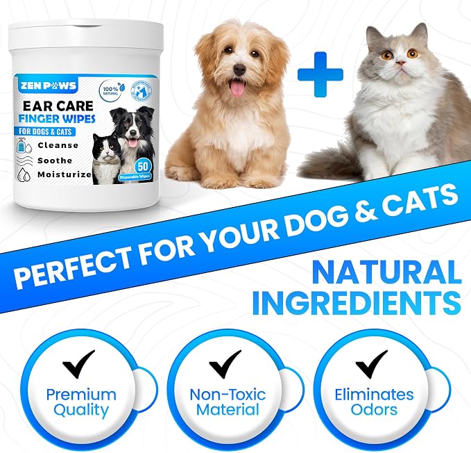 Zenpaws Dogs & Cats Ear Cleaner Finger Wipes, 50 Count