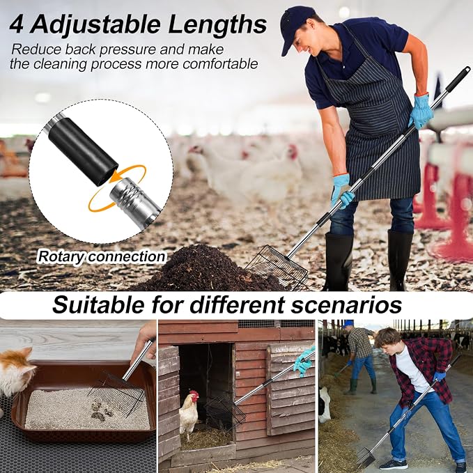 10 inch Large Chicken Poop Scooper for Sand for Shavings 74" Heavy Duty Pooper Scooper Long Handle Chicken Coop Scoop for Cleaning Tools and Rake 5-in-1 Sifting Shovel for Chicken Scoop supplies