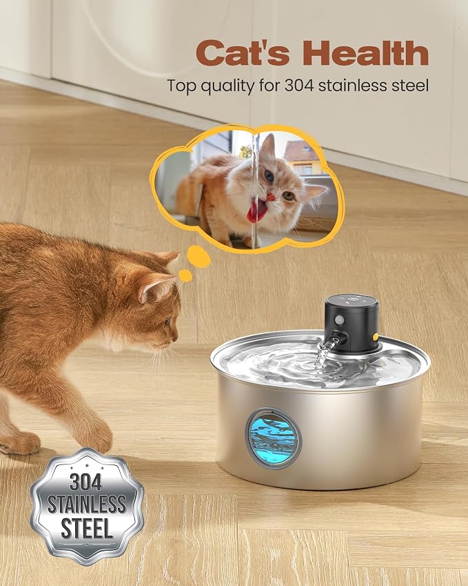 Cat Water Fountain Wireless Cordless: Cat Fountain Battery Operated - Stainless Steel Pet Water Fountain Rechargeable - 108oz/3.2L Automatic Cats Fountains for Drinking with Motion Sensor - Cats & Dog