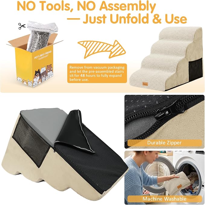 Topmart High Density Foam Dog Stairs 4 Tiers,Extra Wide Deep Pet Steps,Non-Slip Pet Stairs,Dog Ramp for Bed,Best for Older Injured Pets,Cats with Joint Pain