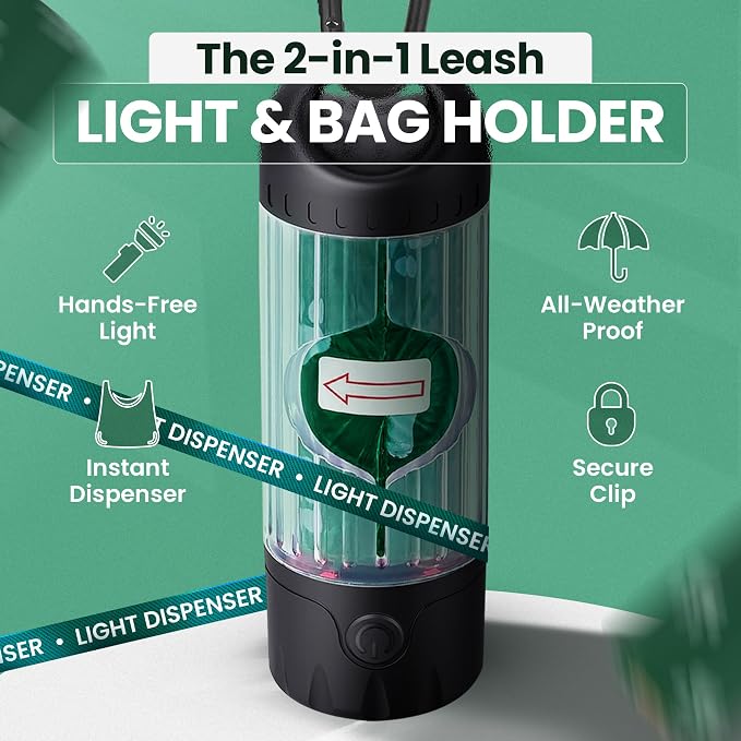 Dog Poop Bag Dispenser with LED Flashlight for Leash – USB-C Rechargeable, Waterproof, Hands-Free Dog Waste Bag Holder for Night Walks – Includes 45 Bags (3 Rolls)