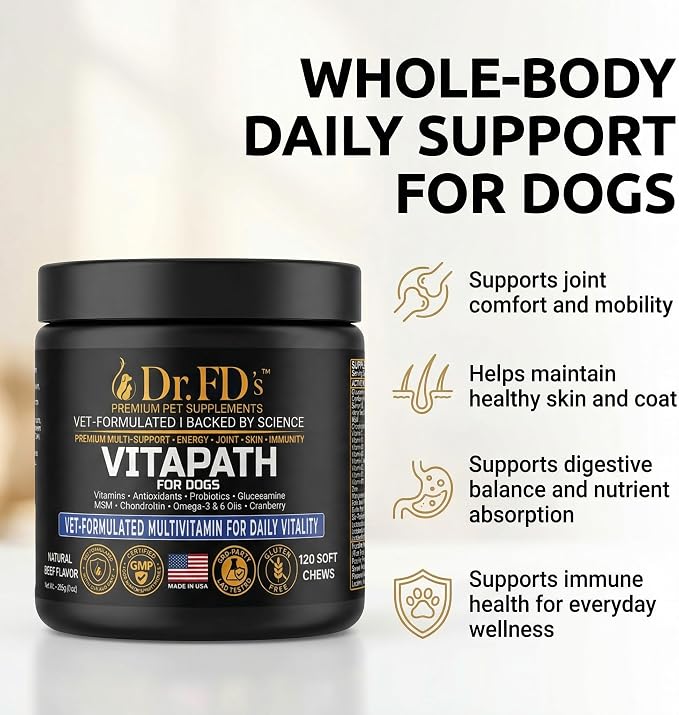 Dr. FD's VitaPath Dog Multivitamin, Vet-Formulated Soft Chews, 120 Count, Daily Vitamins with Antioxidants and Omegas for Skin and Coat, Energy and Healthy Aging, Natural Beef Flavor