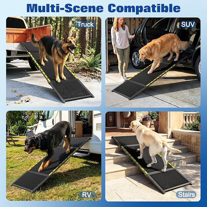 74" L x 20" W Extra Long Dog Ramp for Car - Wider Portable Pet Ramp for Large Dogs, Foldable Dog Car Ramps for Truck, SUV, RV & Bed, Outdoor Dogs Ramps with Non-Slip Mesh Supports Up to 250LBS, Black