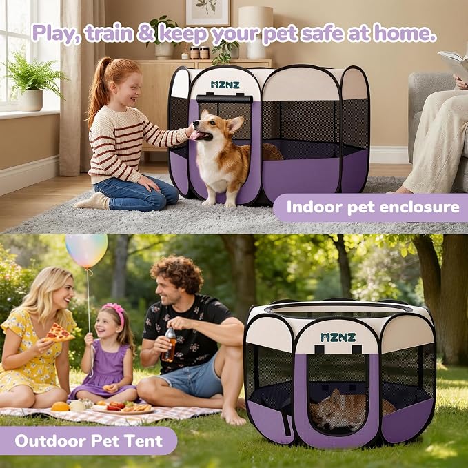 Dog Cat Playpen, Portable Puppy Pet Crate Indoors for Small/Medium Dogs Cats Rabbits, Foldable Dog Cage Enclosure for Outdoor, Pop Up Dogs Tent Kennel with Carrying Case, Purple