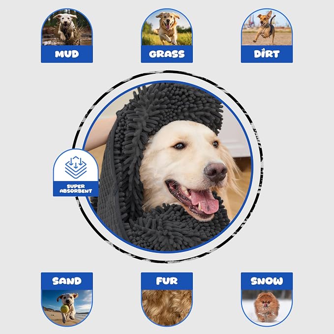 Dog Towel Microfiber – Super Absorbent Fast Dry Dog Towels for Drying Dogs, Soft Pet Bath Towel with Hand Pockets, Large & Small Dogs, Machine Washable (Black)