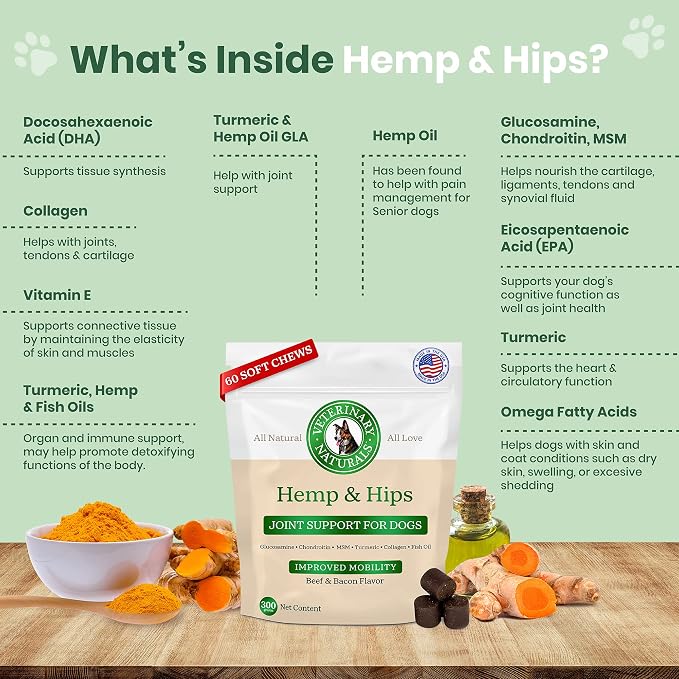 Veterinary Naturals Hemp & Hips Senior Large Breed Dog Joint Chews - 60ct