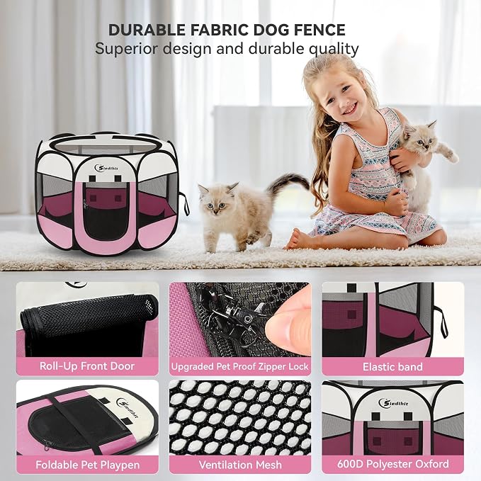 Siedihit Pink Dog Cat Playpen, Puppy Pet Playpen Indoor for Small Dog Crate Tent Cage Outdoor, Portable Pop Up Dogs Enclosure Kennel with Carrying Case for Dogs/Cats/Rabbits
