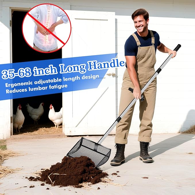 Chicken Poop Scooper Rake 2-in-1,304 Stainless Steel Shovel Head, Chicken Litter Scoop with Handle for Chicken Coop for Sand, Pet Waste Cleaning, Litter Sifting Shovel (35 to 65") (Black, 12inch)