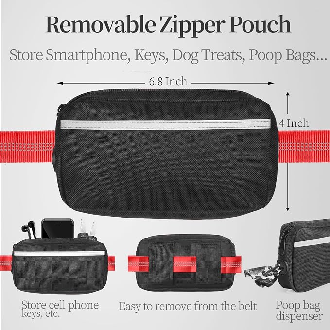 iYoShop Hands Free Dog Leash with Zipper Pouch, Medium, 8-25 lbs, Red | Waist Leash, Dual Padded Handles, Shock-Absorbing Bungee, Adjustable Waist Belt, Walking and Running