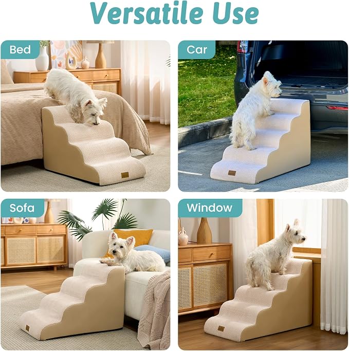 COZY KISS Wide Dog Stair for Small Dog 22.6" H, 5 Step Pet Ramp for Bed | Curved Stable Dog Step for Puppy, Older Cat, Senior, Medium, Short-Legged Dog, Non-Slip Ladder for Car, 17.7" Width, Beige