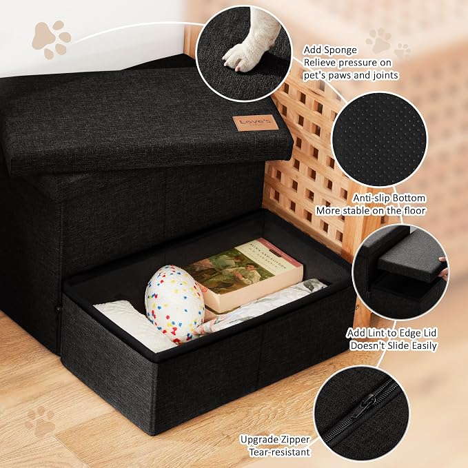 Love's cabin Dog Stairs with Storage 13" H, Foldable Pet Stairs for Small Medium or Large Dogs, Cat Puppy Steps Ramp with Zip up to 150 lbs, Black, 2 Steps