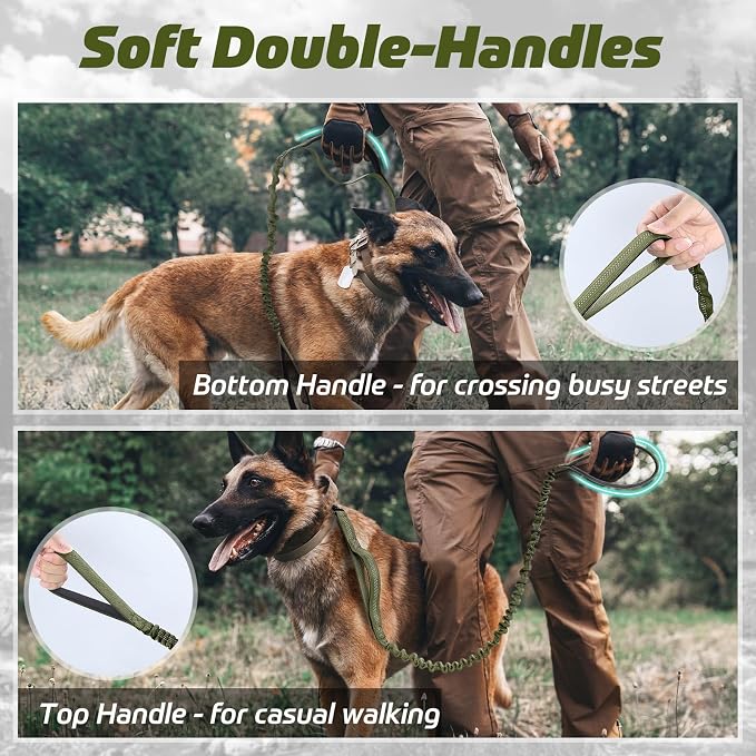 rabbitgoo Tactical Dog Leash, Heavy Duty Training Bungee Lead | Military Leash with 2 Padded Control Handles for Medium Large Dogs, No Pull for Shock Absorption, Reflective, Green, 5.2FT