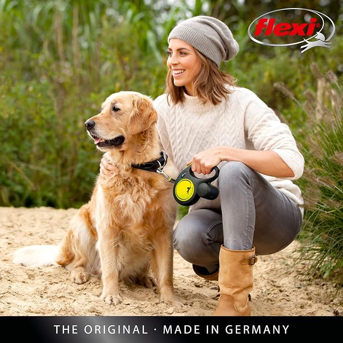 FLEXI® Neon Tape Retractable Dog Leash, Small, 16 ft - Neon Yellow/Black | German engineered, original flexi leash, durable quality for dogs up to 33 lbs, tangle-free, walking, reliable brake system
