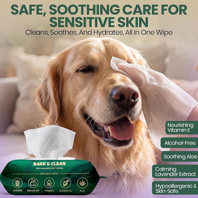 Bark & Clean Bamboo Dog Wipes for Cleaning & Deodorizing - 8.5" x 9" 110 Compostable Hypoallergenic Pet Wipes for Dogs - Paws, Butt & Body - Puppy Face, Ear & Eye Cloths - Pet Supplies