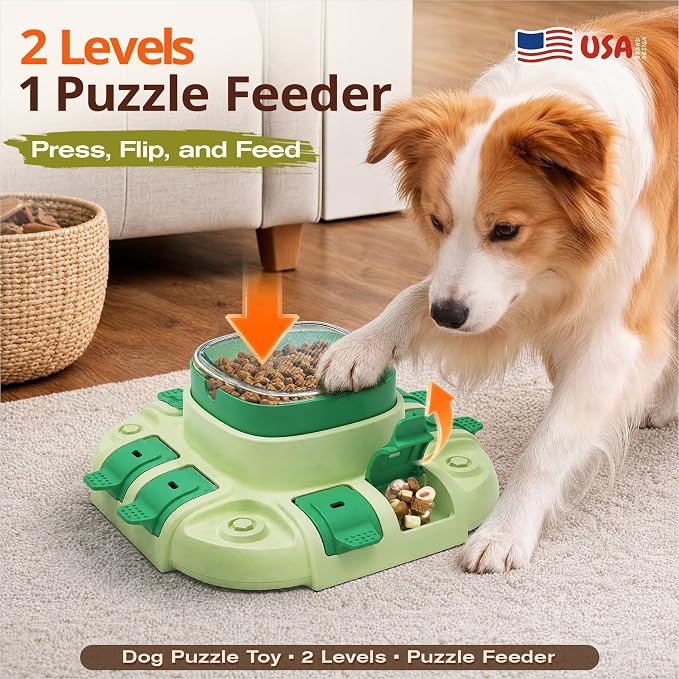 KADTC 2 Levels Dog Puzzle Toy, Interactive Slow Feeder & Treat Dispenser | Press-to-release mental stimulation toy that burns energy, fights boredom, and keeps food-motivated dogs focused at mealtime.
