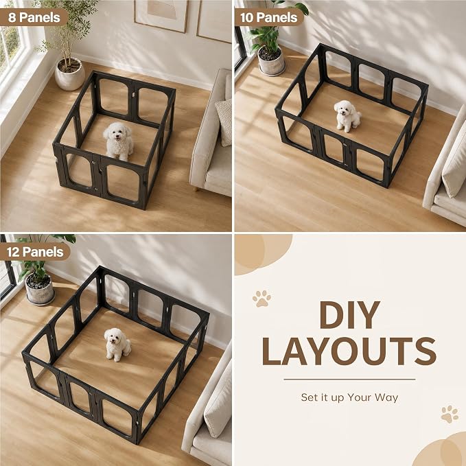 Acrylic Dog Playpen Indoor Expansion Panels, 26'' H Clear Transparent Add-On Panels with Integrated Suction Cups Base, No-Connector Panel-to-Panel Design, 2 Panels for Small Dogs, Black