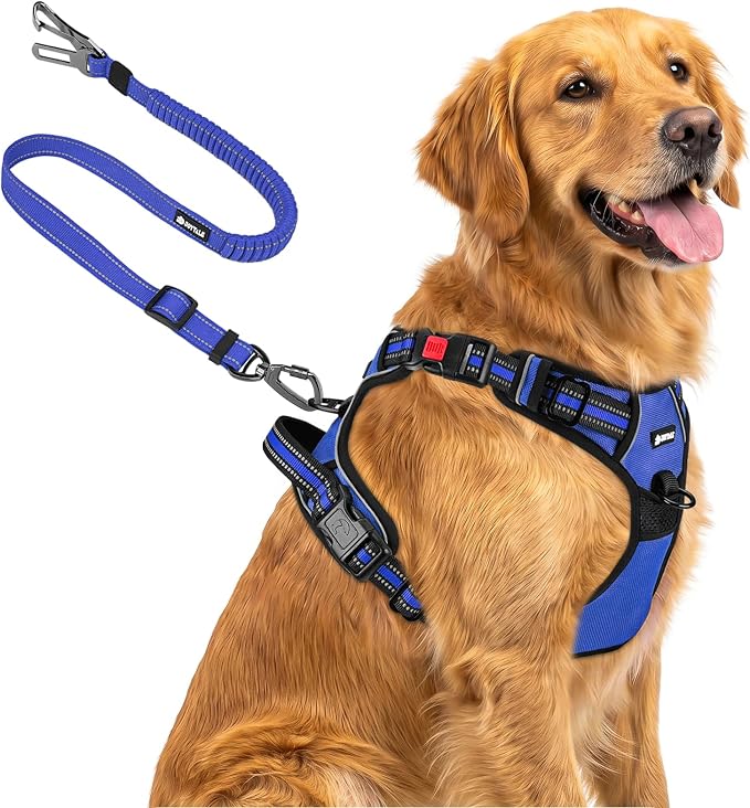 Joytale No Pull Dog Harness & Seat Belt, Easy On 3-Buckle, XL, Navy Blue | Front Clip Reduces Pulling, Escape-Resistant Design, Adjustable Fit, Soft Padding for Comfort, Secure Tether for Safer Travel
