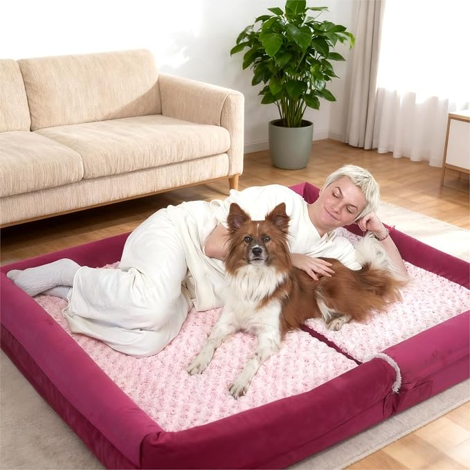 Jumbo Human Dog Bed Style - Breathable Egg-Crate Foam Sofa Couch with Bolster, Water-Resistant Liner & Washable Rose Velvet - Ideal for Great Danes, Mastiffs, Rose Pink (54'' x 37'')