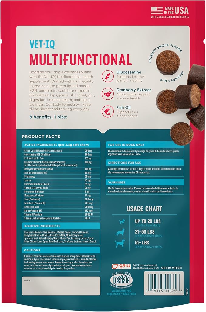 VetIQ 8-in-One Multifunctional Supplements for Dogs, Supports Hip & Joint, Urinary Tract, Immune System, Skin Health and Heart Health, Soft Chews, Made in the USA, 60 Count