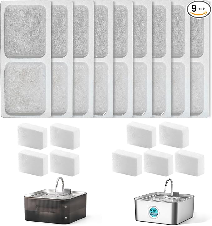 Dog Cat Pet Water Fountain Filter Replacement 9 Packs - Activated Carbon & Ion Exchange Resin Filters with Pump Foam Sponges - Compatible with FUKUMARU 7L Automatic Water Fountain