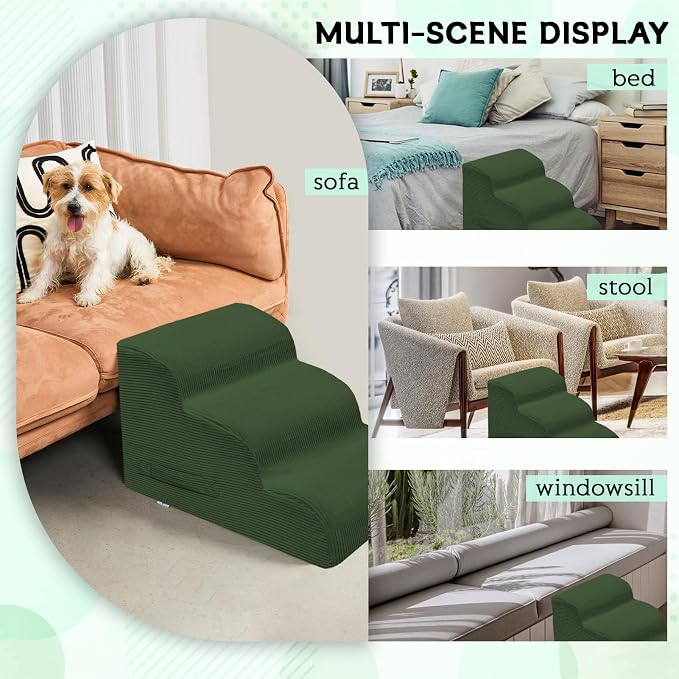 Mesa Lemon Dog Steps for Small Dogs, 4-Step Pet Ramp Stairs for High Beds and Sofa, Non-Slip Pet Stairs for Small Dogs and Cats, Removable and Easy to Clean Cover, Green
