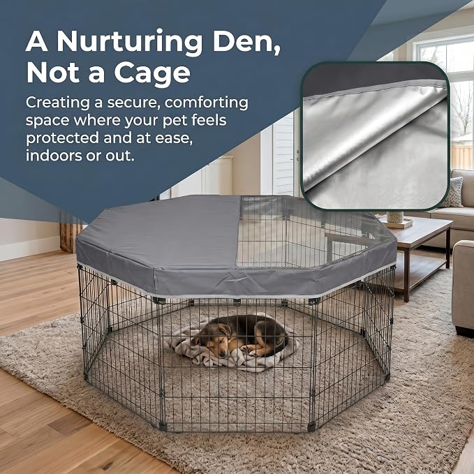 PJYuCien Octagonal Playpen Top Cover for 24" Side Metal Pet Pen, Half Mesh Half Oxford with Silver Coating & Snap Hooks, Predator & Weather Protection, Cozy Den for Puppy Small Animals, Gray