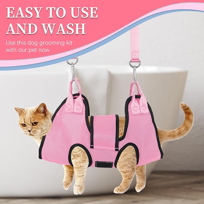 PatiencET Dog Grooming Hammock with Security Strap & Nail Clippers, Pink XS