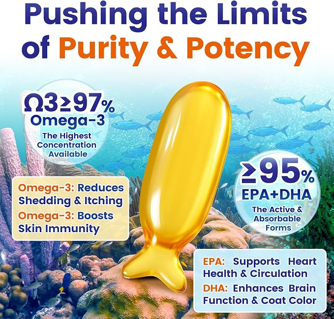 Fish Oil Pet Up to 97% Omega 3, 600 mg Omega 3 Per Soft Gel, Dog Fish Oil Supplement ≥95% EPA and DHA, Promotes Skin, Coat, Joint, and Immune Health, 100 Capsules