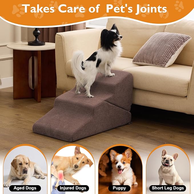 Dog Stairs for Small Dogs 16’’ H, 3-Step Dog Steps for Bed, Foldable Pet Stairs and Ramp for Dogs and Cats to Get on Beds, Couch, Non-Slip Balanced Pet Steps with Waterproof Cover, Brown