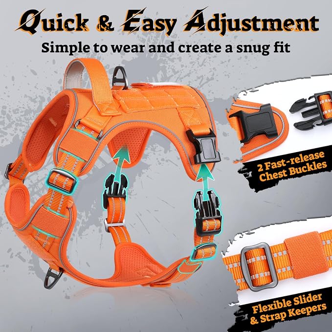 rabbitgoo Tactical Dog Harness Medium Sized, No Pull Service Pet Vest | Military Molle System & Easy Control Handle, Adjustable and Reflective for Walking and Training, Orange, Medium