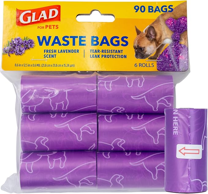 Glad for Pets Scented Dog Waste Bags, Tear-Resistant Pet Poop Pick-up Bags with Leak Protection, Fresh Lavender Scent, Fun Purple Bag Designs, 6 Rolls, 90 Bags Total