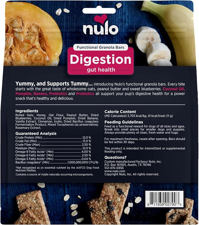 Nulo Functional Granola Bars, Healthy Dog Treats, Oven Baked, Made with Prebiotics and Probiotics, Contains No Added Salt, Sugar, or Molasses, 10 Ounce Bag