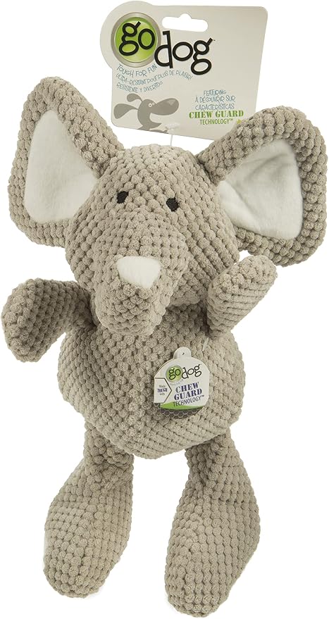 goDog Checkers Elephant Tough Plush Toy with Chew Guard Technology, Durable Checkered Fabric & Squeaker for Active Play, Gray, Large (Pack of 6)