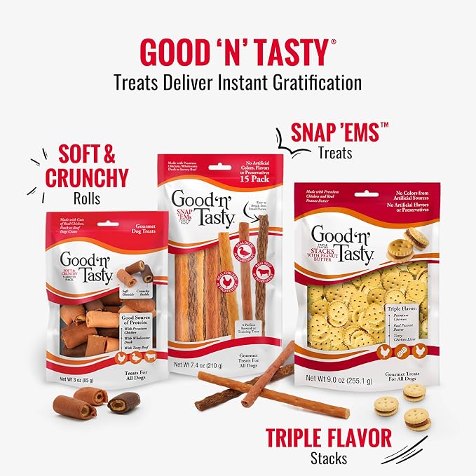Good 'n' Tasty Triple Flavor Puree Mix-Ins Dog Food Topper Treats for All Dogs, 7 Count, Easy Single-Serve Portions, Added Protein with Salmon, Tuna and Krill, No Chicken or Beef Added