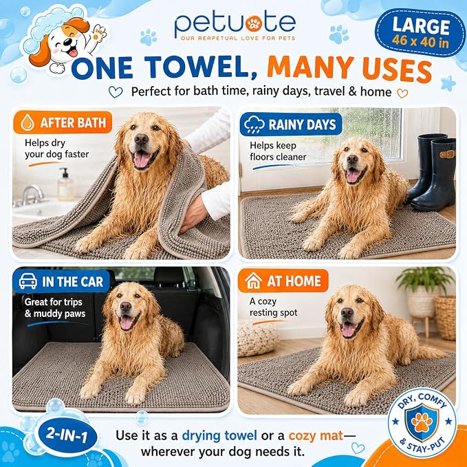 Pet 2-in-1 Dog Towel & Mat – Transforms from Drying to Bath Mat, Ultra Soft, Absorbent & Quick-Drying, Machine Washable Dog Towels with Detachable Non-Slip Mat and Hand Pockets (Large)