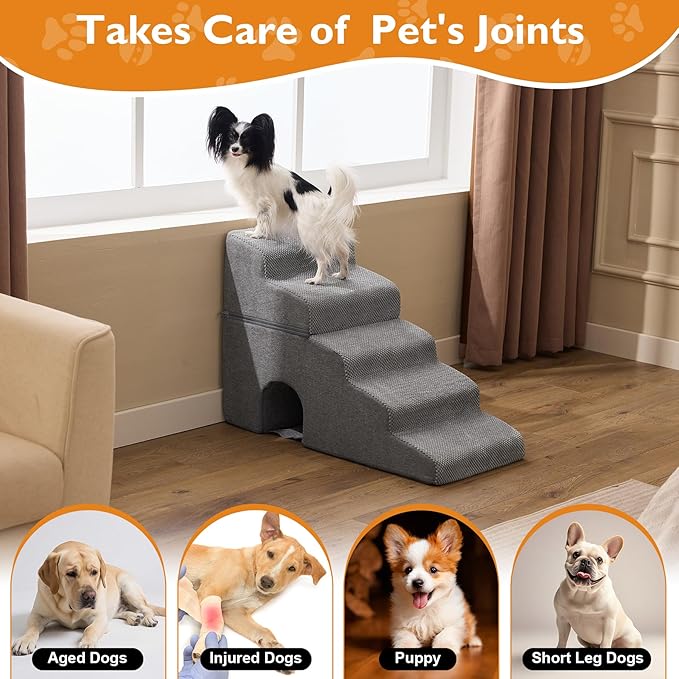 Dog Stairs for Bed 23’’ H, 5-Step Dog Steps for High Bed, Foldable Pet Stairs for Small Dogs and Cats to Get on Beds, Couch, Non-Slip Balanced Pet Steps and Ramp with Waterproof Cover, Grey