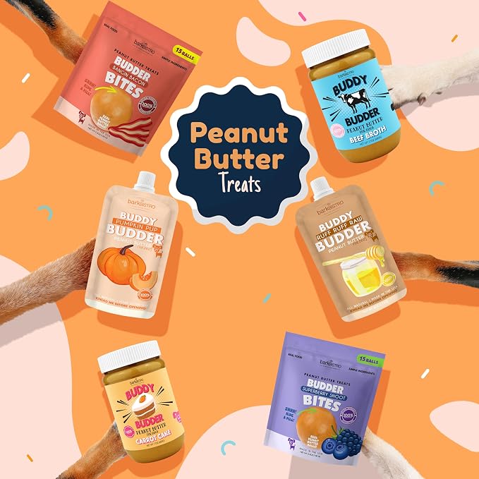 Bow-Wow Blueberry (probiotic + prebiotic) + Cranberry Canine (hip + joint) BUDDY BUDDER, 100% Natural Dog Peanut Butter, Healthy Peanut Butter Supplements, Made in USA (17oz jars)
