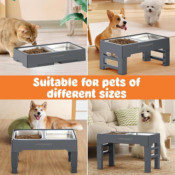 URPOWER Raised Dog Bowls 4 Height Adjustable Elevated Bowl Stand with Stainless Steel Water Bowl Non-Slip Dog Food Bowls Stand for Small Medium Large Dogs and Pets