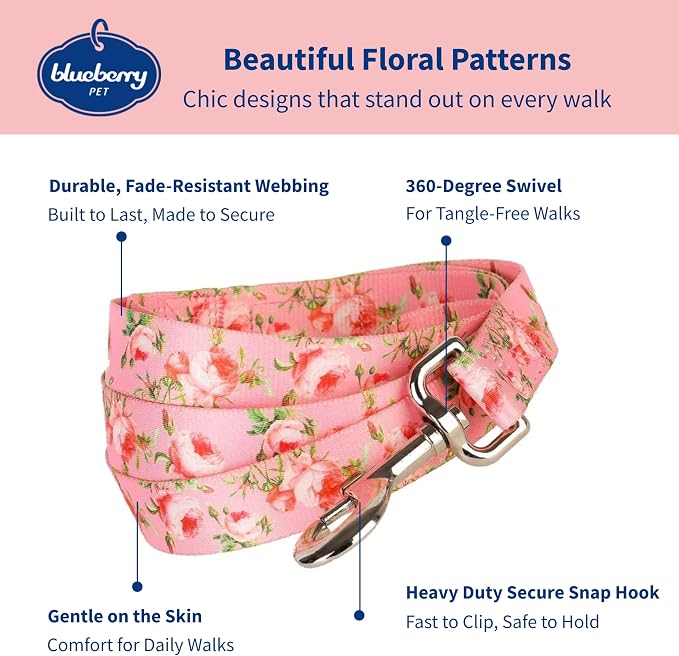 Blueberry Pet 9 Patterns Durable Spring Scent Inspired Floral Rose Baby Pink Dog Leash 5 ft x 3/8" for Puppy, X-Small, Leashes for Dogs