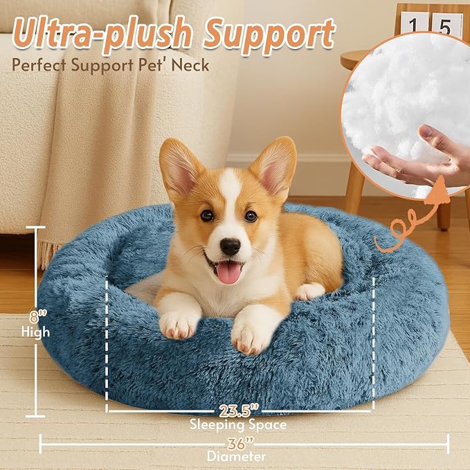 JOLLYVOGUE 36" Calming Donut Dog Bed, Blue