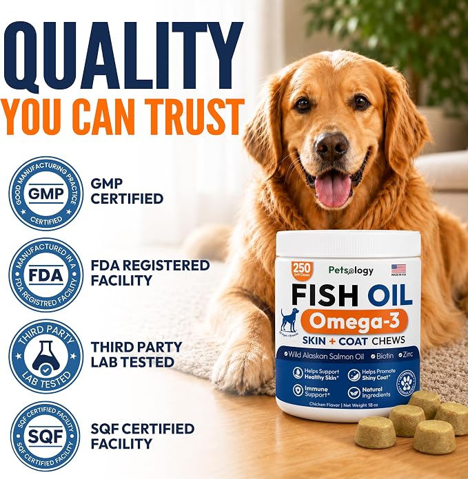 Omega 3 for Dogs - 250 Fish Oil Chews for Dog Shedding & Allergy Relief