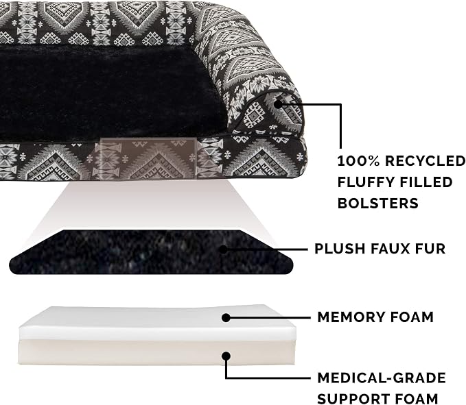 Furhaven Memory Foam Dog Bed for Large Dogs w/ Removable Bolsters & Washable Cover, For Dogs Up to 125 lbs - Plush & Southwest Kilim Woven Decor Sofa - Black Medallion, Jumbo Plus/XXL