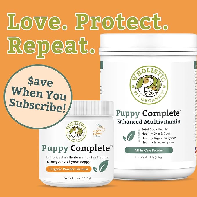 Organic Puppy Vitamins with Organic Pumpkin Protein, 1 Lb, 45 Scoops | Daily Dog Multivitamin with Prebiotics, Probiotics for Immune Support, Skin Coat, Digestion, Joint Health - Puppy Complete