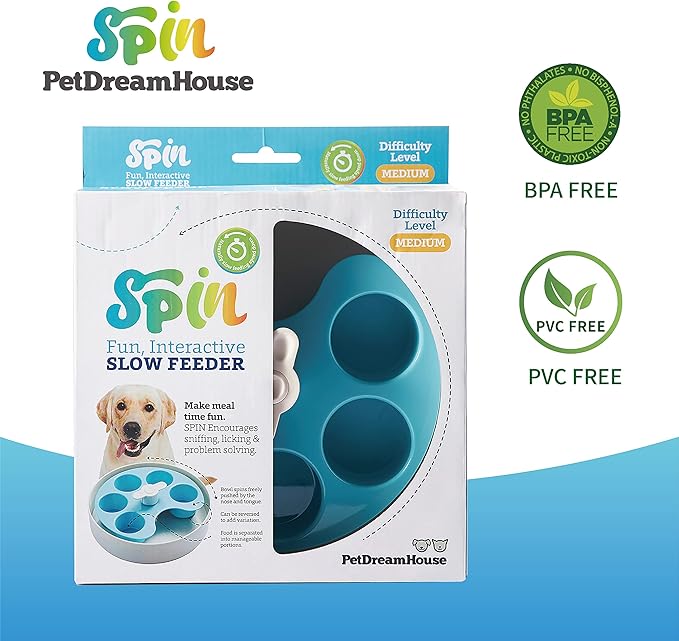 PetDreamHouse Spin Interactive Slow Feeder Food Bowl for Dogs, Adjustable & Moving Center Puzzle Piece, Palette Design, Moderate Skill Level Pallet Blue