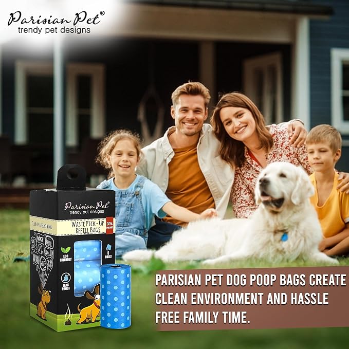 Parisian Pet Ecofriendly Dog Poop Bags Rolls - 160 Count Unscented Poop Bags For Dogs - Leakproof, Extra Thick, 8 Dog Waste Bags Refill Rolls - Polka Dot Blue Doggie Poop Bags - Fits All Dispenser